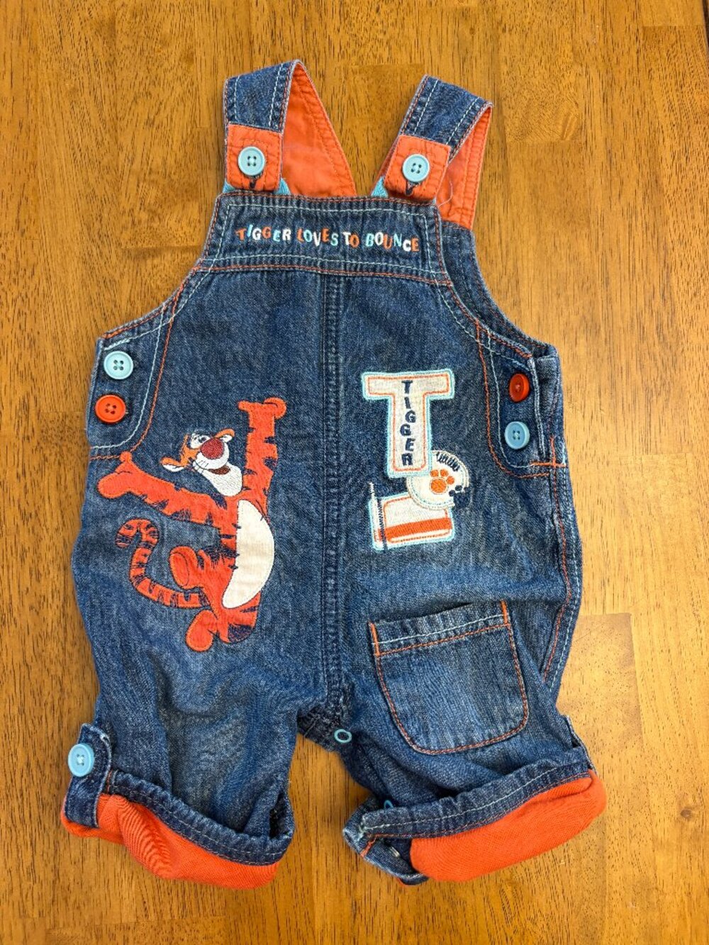 Vintage Y2K Disney Tigger Denim Overalls Baby Blue Orange Buttons Cuffs 3-6 m